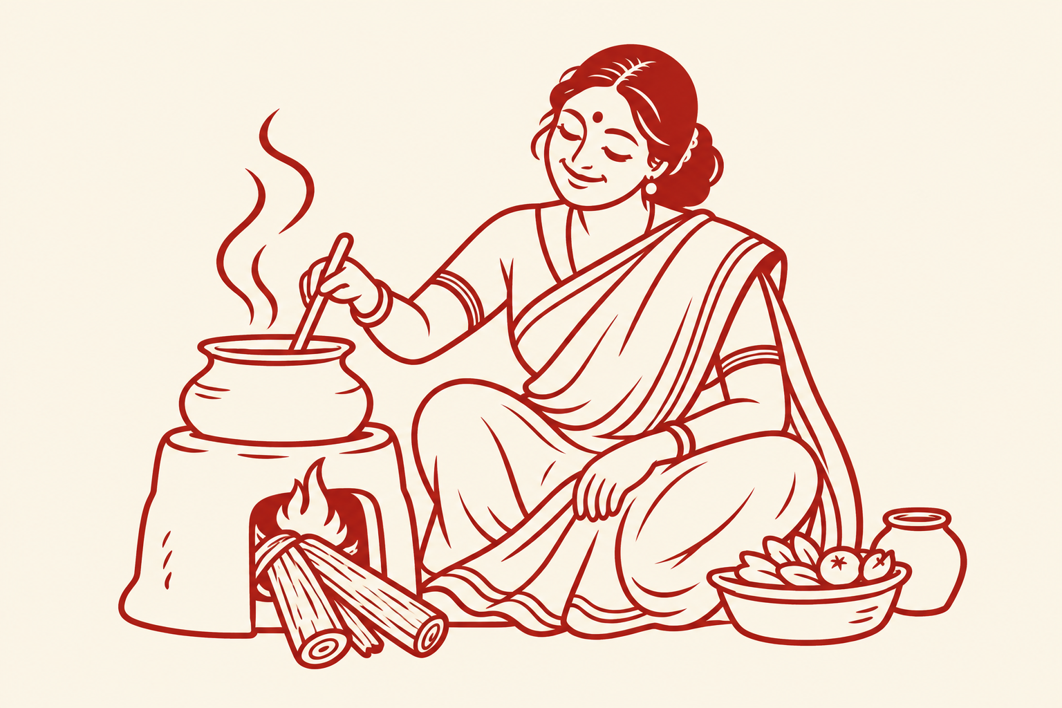 Indian Amma in a saree cooking over a firewood stove